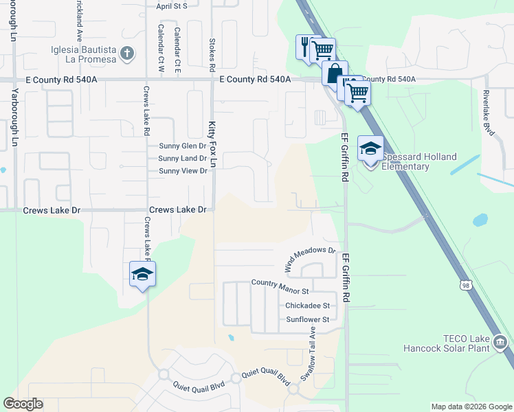 map of restaurants, bars, coffee shops, grocery stores, and more near 6520 Kitty Fox Lane in Lakeland