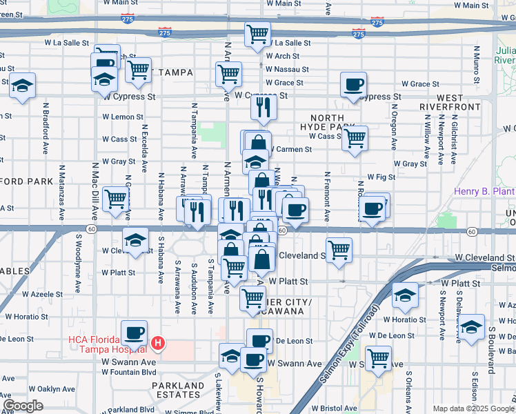 map of restaurants, bars, coffee shops, grocery stores, and more near 206 North Howard Avenue in Tampa