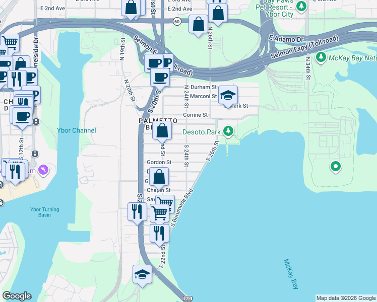 map of restaurants, bars, coffee shops, grocery stores, and more near 2402 Thrace Street in Tampa