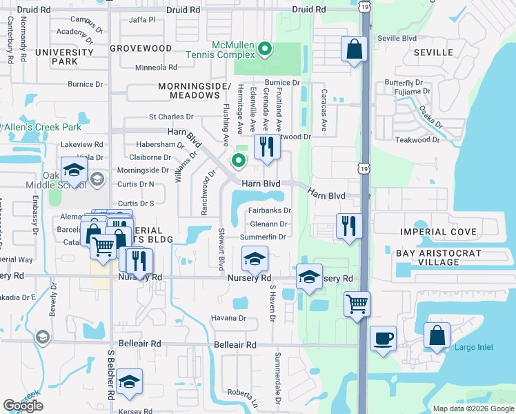 map of restaurants, bars, coffee shops, grocery stores, and more near 2416 Fairbanks Drive in Clearwater