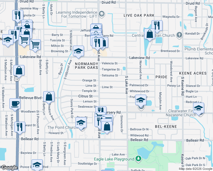map of restaurants, bars, coffee shops, grocery stores, and more near 1512 Lime Street in Clearwater