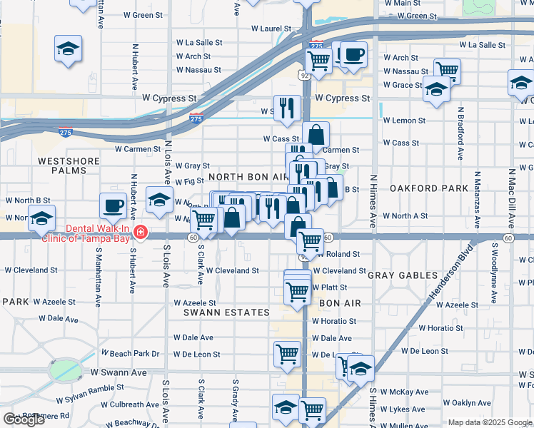 map of restaurants, bars, coffee shops, grocery stores, and more near 3820 West North B Street in Tampa