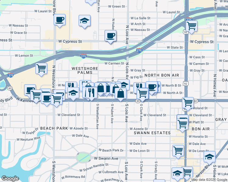 map of restaurants, bars, coffee shops, grocery stores, and more near 210 North Hubert Avenue in Tampa