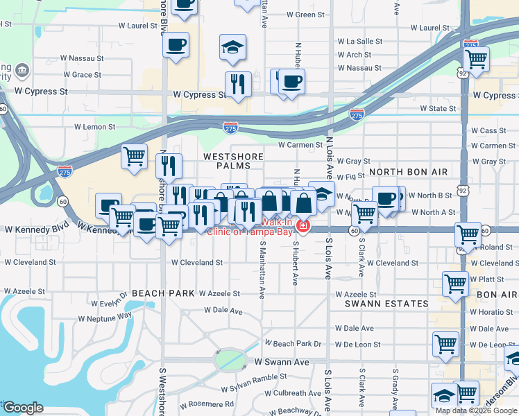 map of restaurants, bars, coffee shops, grocery stores, and more near 110 North Manhattan Avenue in Tampa