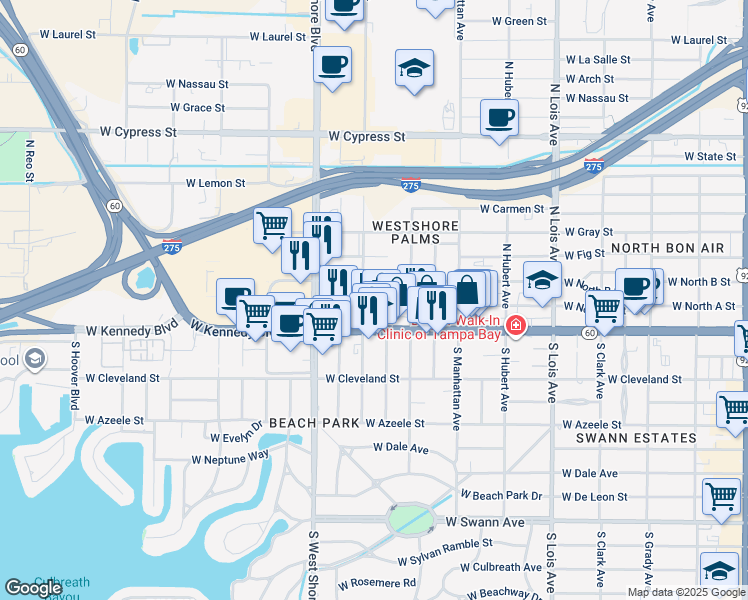 map of restaurants, bars, coffee shops, grocery stores, and more near 4510 West North B Street in Tampa