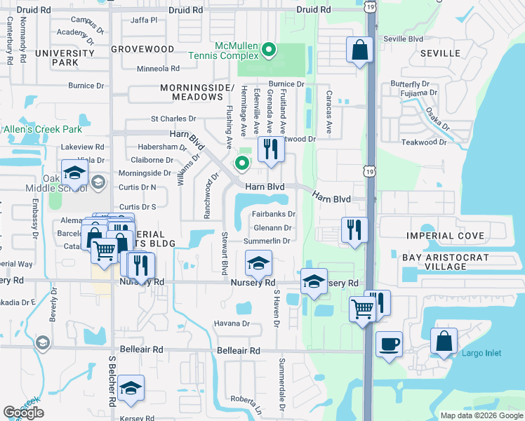 map of restaurants, bars, coffee shops, grocery stores, and more near 2416 Fairbanks Drive in Clearwater