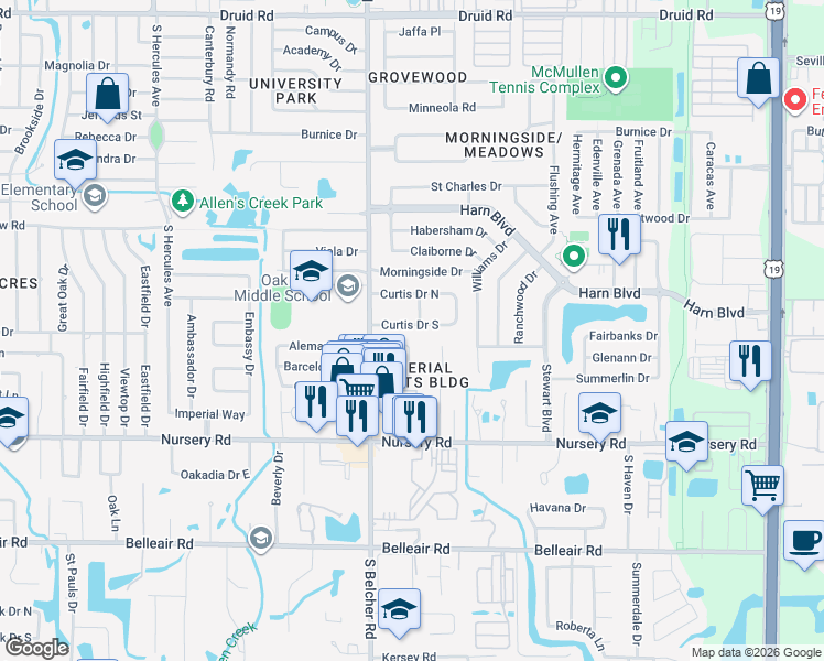 map of restaurants, bars, coffee shops, grocery stores, and more near 2239 Curtis Drive South in Clearwater