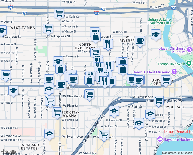 map of restaurants, bars, coffee shops, grocery stores, and more near 1706 West North B Street in Tampa