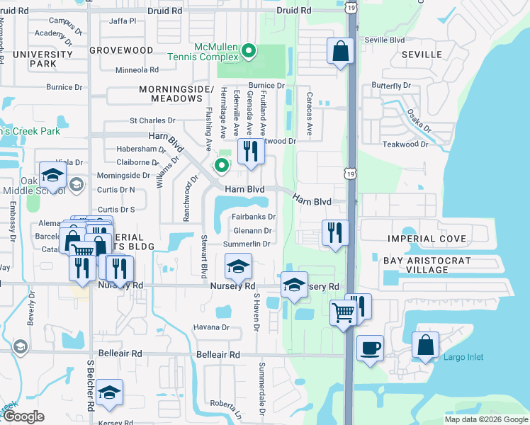 map of restaurants, bars, coffee shops, grocery stores, and more near 2444 Fairbanks Drive in Clearwater
