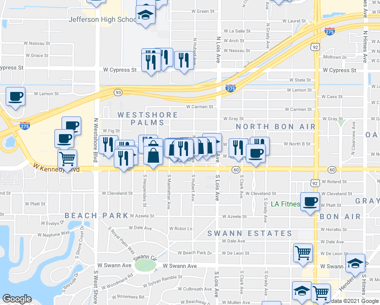 map of restaurants, bars, coffee shops, grocery stores, and more near 210 North Hubert Avenue in Tampa