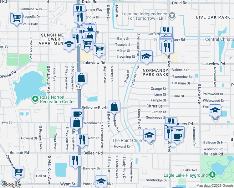 map of restaurants, bars, coffee shops, grocery stores, and more near 1369 South Evergreen Avenue in Clearwater