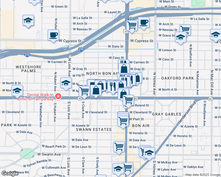 map of restaurants, bars, coffee shops, grocery stores, and more near 3820 West North B Street in Tampa