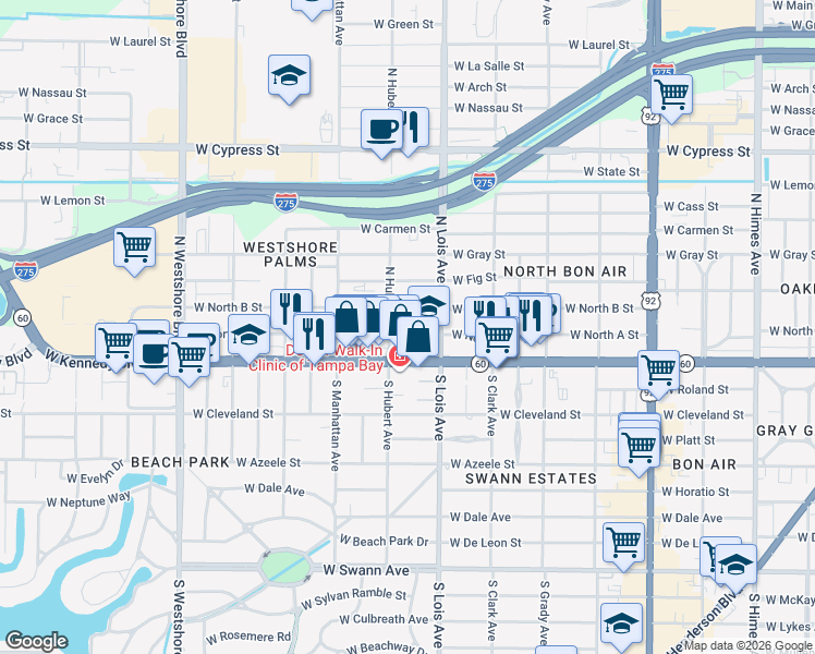 map of restaurants, bars, coffee shops, grocery stores, and more near 4211 West North A Street in Tampa