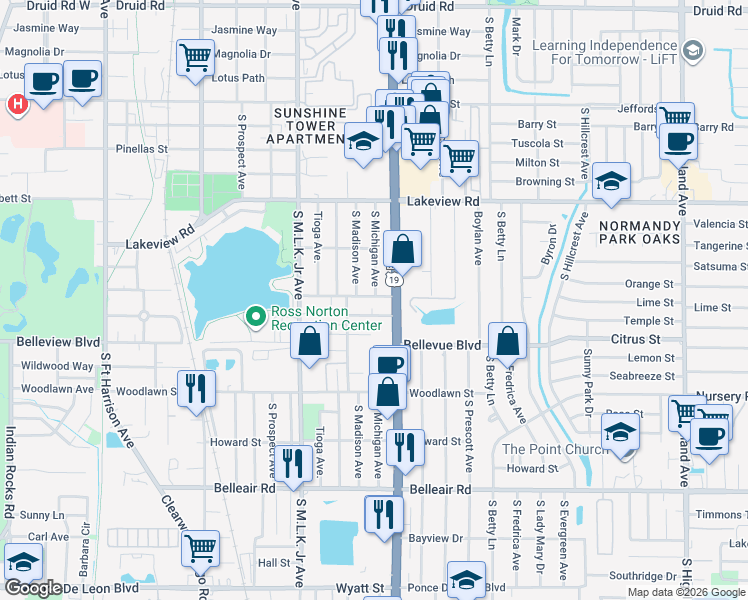 map of restaurants, bars, coffee shops, grocery stores, and more near 1161 Kingsley Street in Clearwater