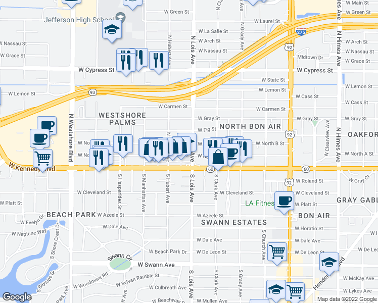 map of restaurants, bars, coffee shops, grocery stores, and more near 4212 West North B Street in Tampa