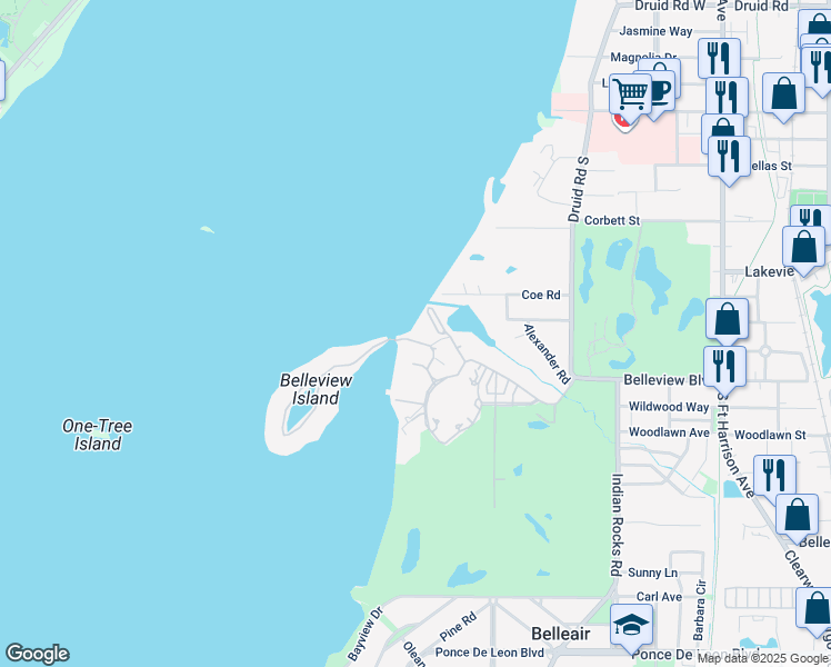 map of restaurants, bars, coffee shops, grocery stores, and more near 100 Oakmont Lane in Belleair