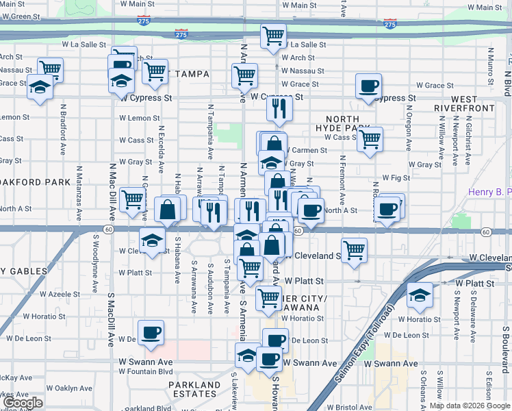 map of restaurants, bars, coffee shops, grocery stores, and more near 205 North Armenia Avenue in Tampa