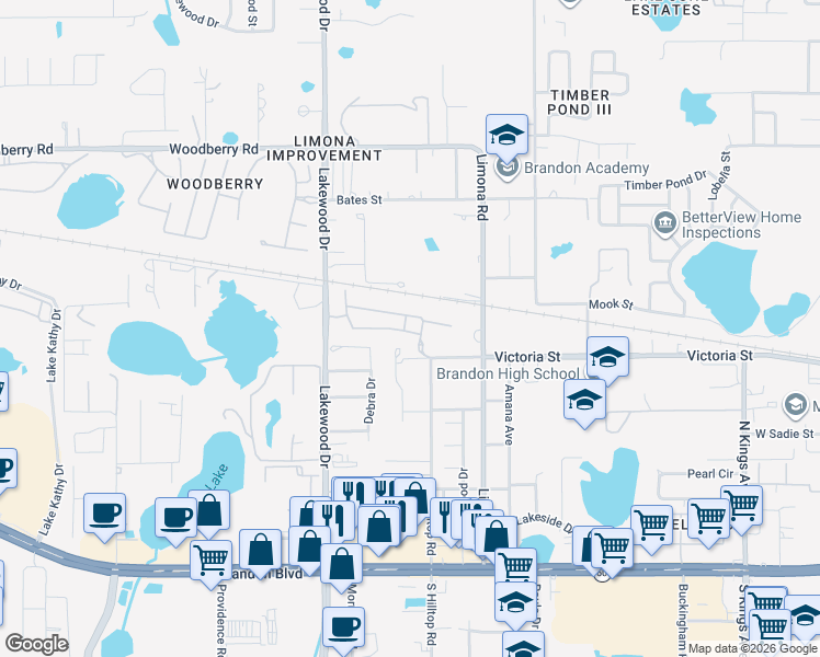 map of restaurants, bars, coffee shops, grocery stores, and more near 1502 Blue Magnolia Road in Brandon