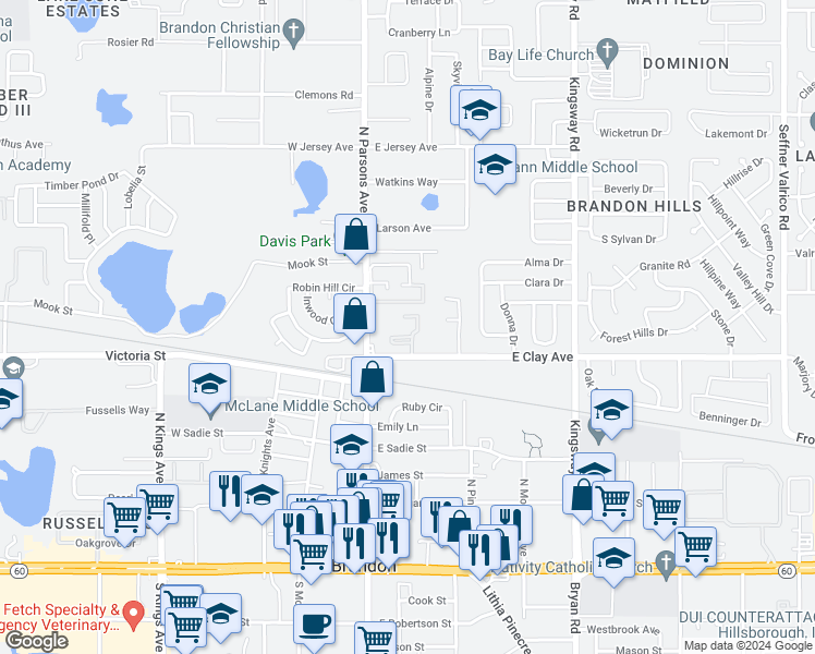 map of restaurants, bars, coffee shops, grocery stores, and more near 523 Camino Real Court in Brandon