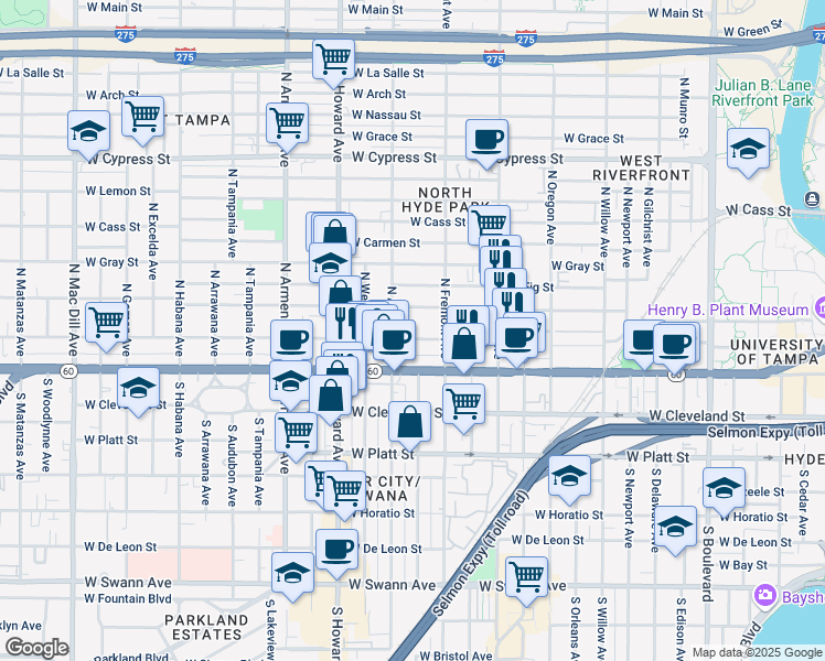 map of restaurants, bars, coffee shops, grocery stores, and more near 207 North Albany Avenue in Tampa