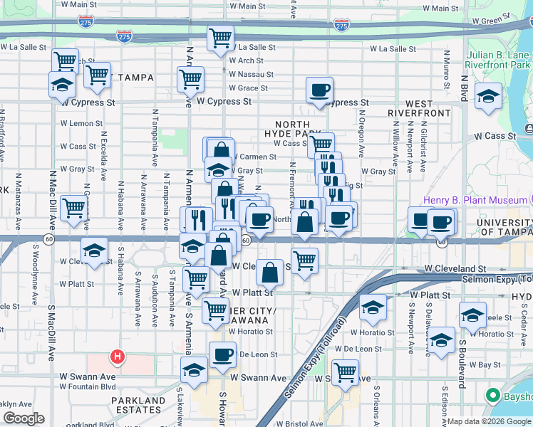 map of restaurants, bars, coffee shops, grocery stores, and more near 207 North Albany Avenue in Tampa