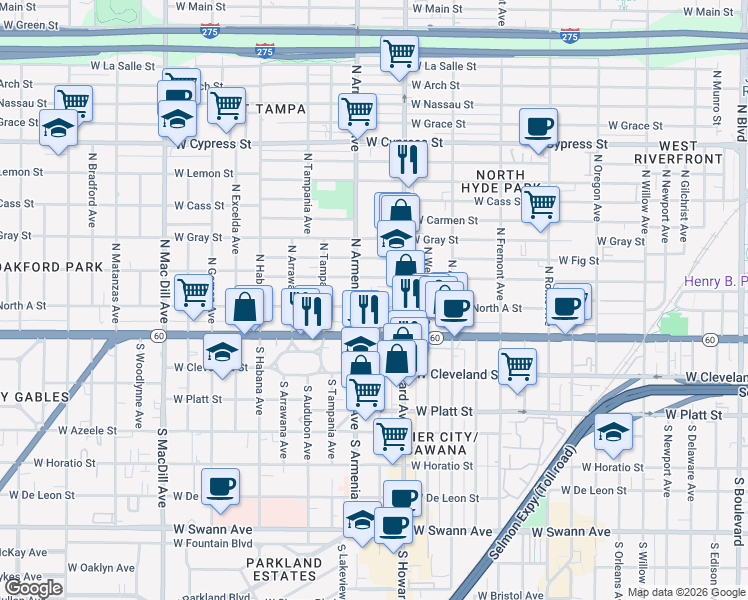 map of restaurants, bars, coffee shops, grocery stores, and more near 205 North Armenia Avenue in Tampa