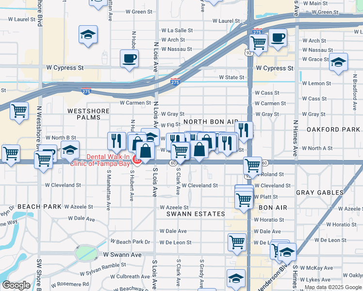 map of restaurants, bars, coffee shops, grocery stores, and more near 4101 West North B Street in Tampa