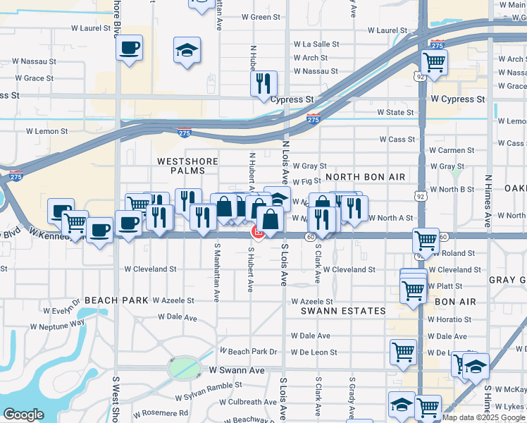 map of restaurants, bars, coffee shops, grocery stores, and more near 4212 West North B Street in Tampa