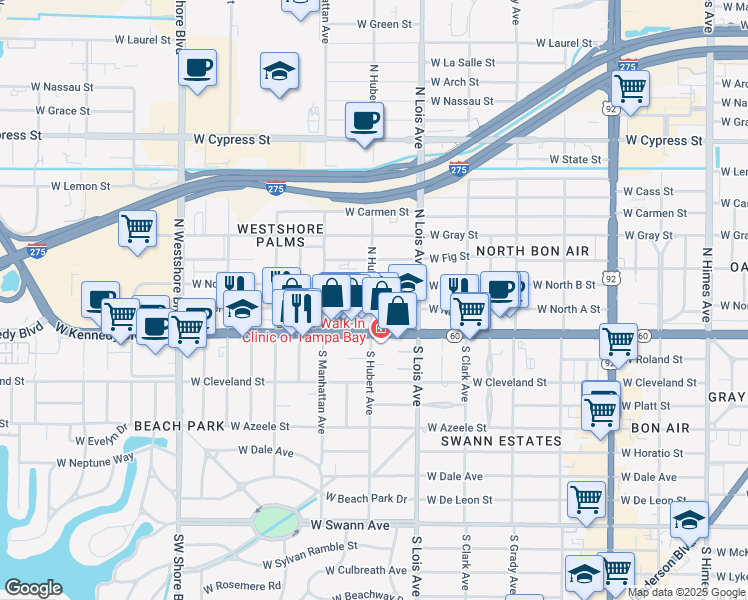 map of restaurants, bars, coffee shops, grocery stores, and more near 210 North Hubert Avenue in Tampa