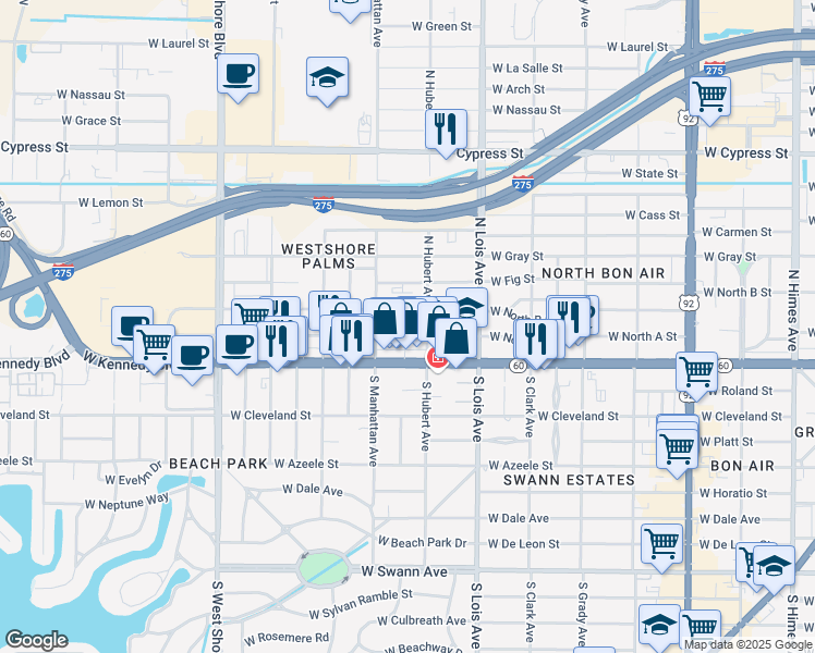 map of restaurants, bars, coffee shops, grocery stores, and more near 210 North Hubert Avenue in Tampa