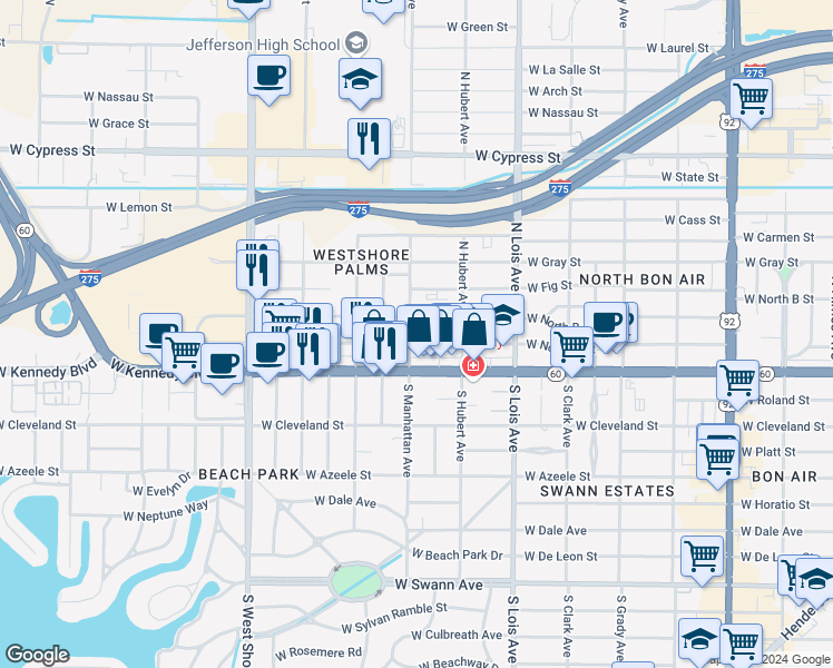map of restaurants, bars, coffee shops, grocery stores, and more near 110 North Manhattan Avenue in Tampa