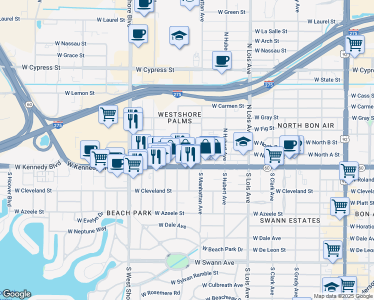 map of restaurants, bars, coffee shops, grocery stores, and more near 4420 West North B Street in Tampa