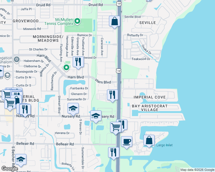 map of restaurants, bars, coffee shops, grocery stores, and more near 2501 Harn Boulevard in Clearwater