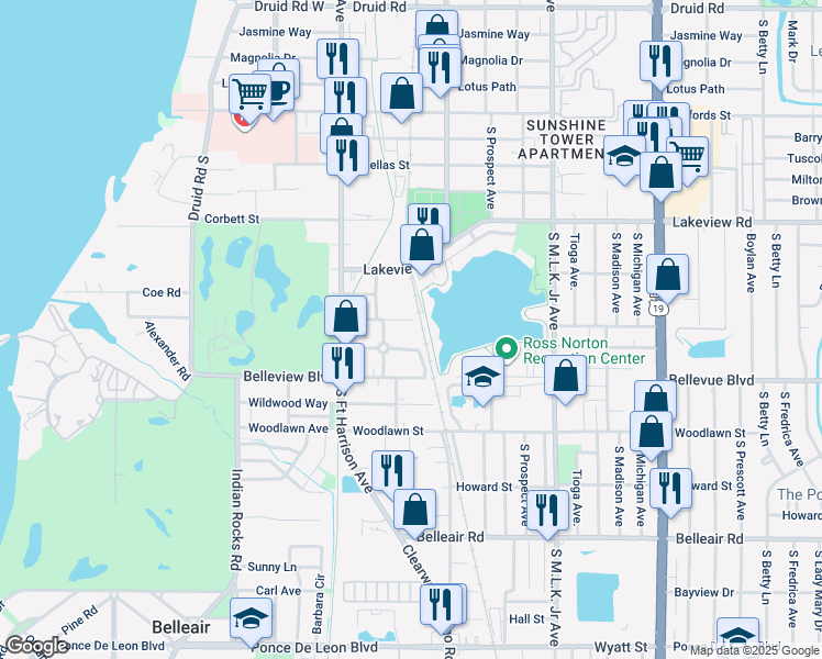 map of restaurants, bars, coffee shops, grocery stores, and more near 621 E Street in Clearwater