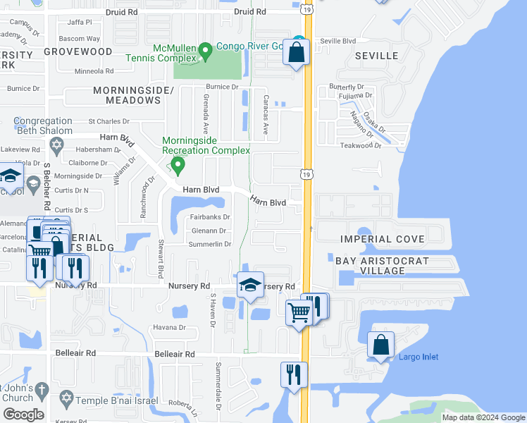 map of restaurants, bars, coffee shops, grocery stores, and more near 2501 Harn Boulevard in Clearwater