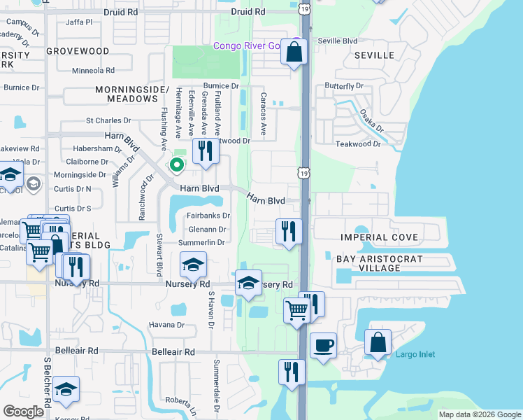 map of restaurants, bars, coffee shops, grocery stores, and more near 2501 Harn Boulevard in Clearwater