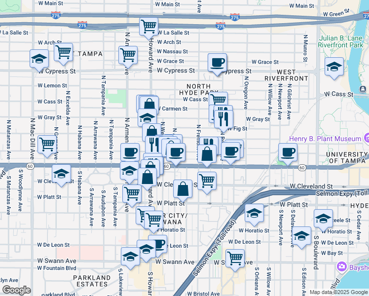 map of restaurants, bars, coffee shops, grocery stores, and more near 207 North Albany Avenue in Tampa