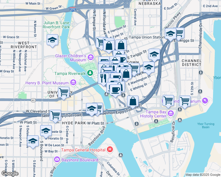 map of restaurants, bars, coffee shops, grocery stores, and more near 211 North Tampa Street in Tampa