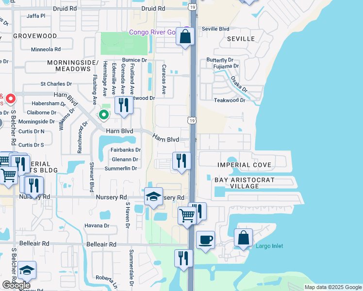 map of restaurants, bars, coffee shops, grocery stores, and more near 2577 Harn Boulevard in Clearwater