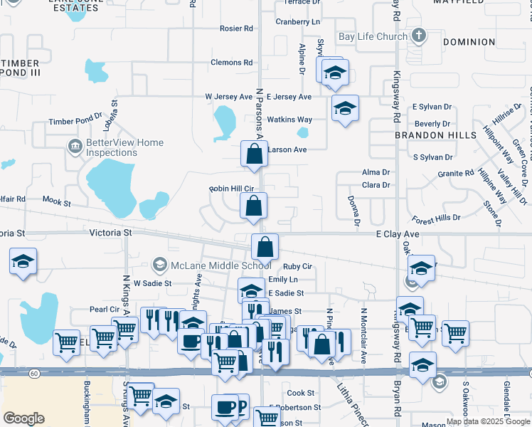 map of restaurants, bars, coffee shops, grocery stores, and more near 521 North Parsons Avenue in Brandon