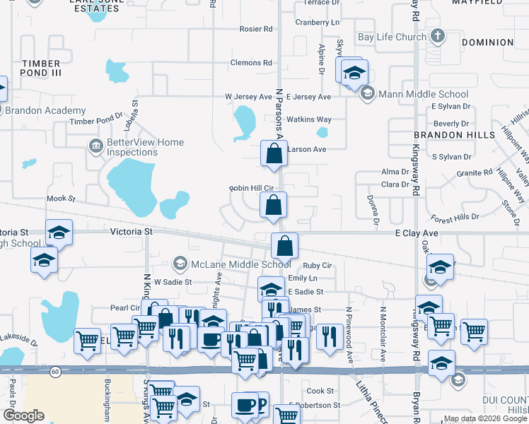 map of restaurants, bars, coffee shops, grocery stores, and more near 103 Inwood Circle in Brandon