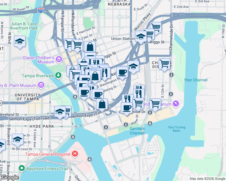 map of restaurants, bars, coffee shops, grocery stores, and more near 515 East Whiting Street in Tampa