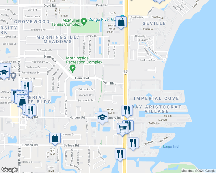 map of restaurants, bars, coffee shops, grocery stores, and more near 2501 Harn Boulevard in Clearwater