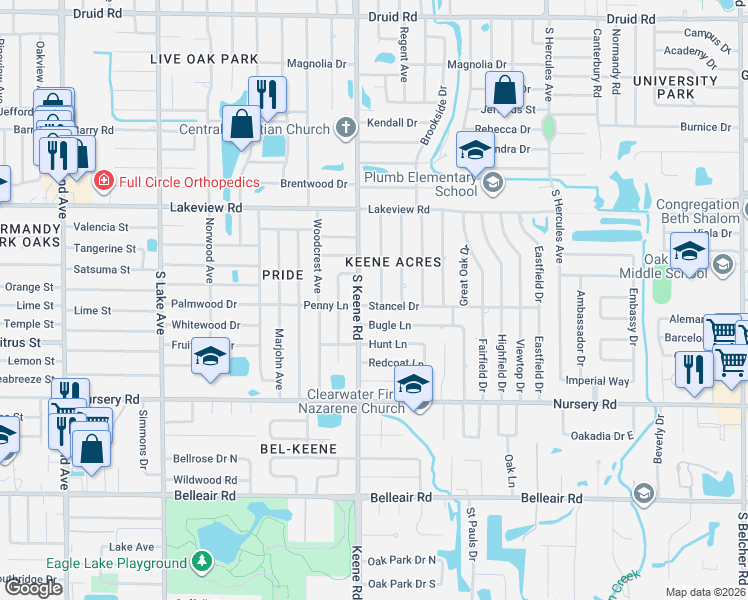 map of restaurants, bars, coffee shops, grocery stores, and more near 1364 South Keene Road in Clearwater