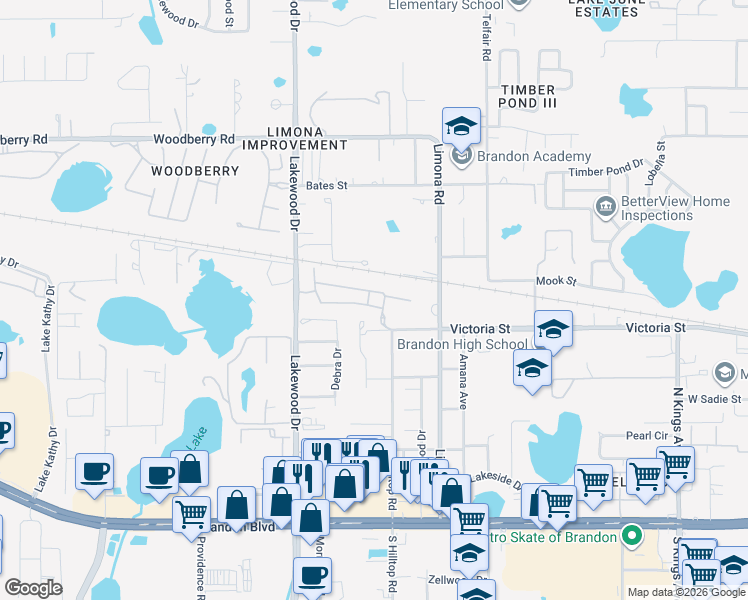 map of restaurants, bars, coffee shops, grocery stores, and more near 505 Broken Limb Place in Brandon