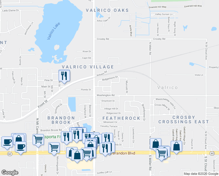 map of restaurants, bars, coffee shops, grocery stores, and more near 2123 Valrico Vista Drive in Valrico
