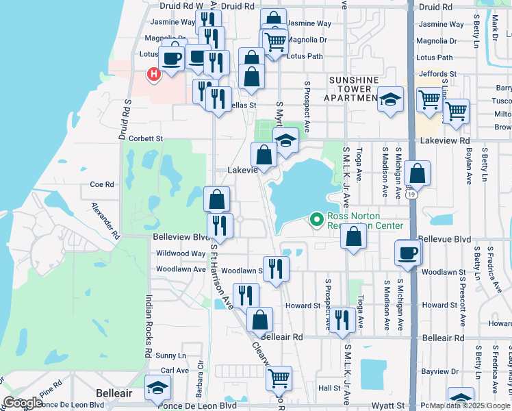 map of restaurants, bars, coffee shops, grocery stores, and more near 621 E Street in Clearwater