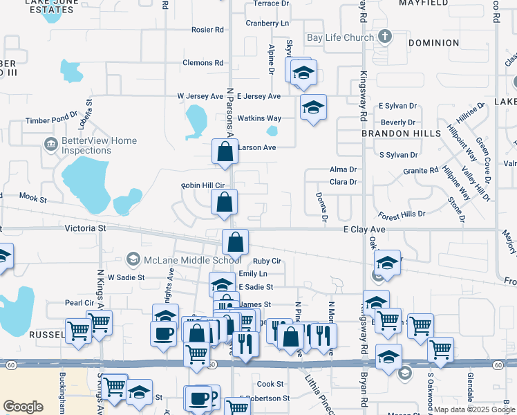 map of restaurants, bars, coffee shops, grocery stores, and more near 524 Camino Real Court in Brandon