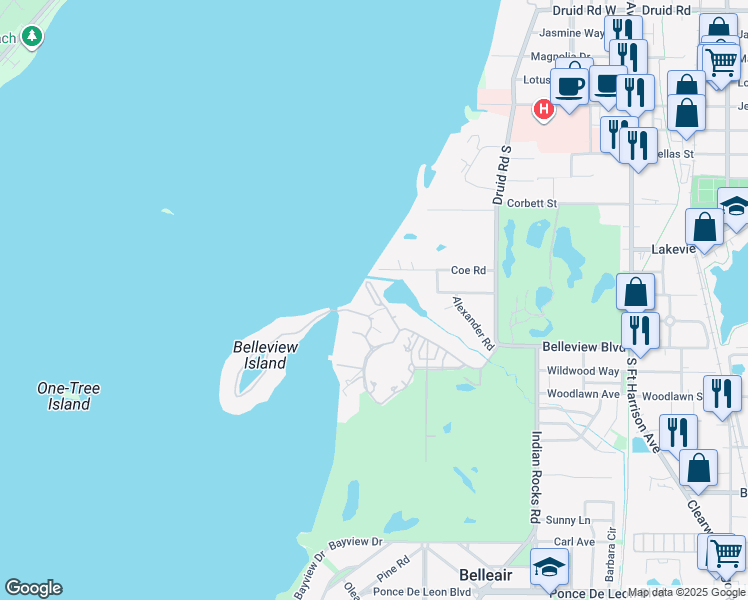map of restaurants, bars, coffee shops, grocery stores, and more near 100 Oakmont Lane in Belleair