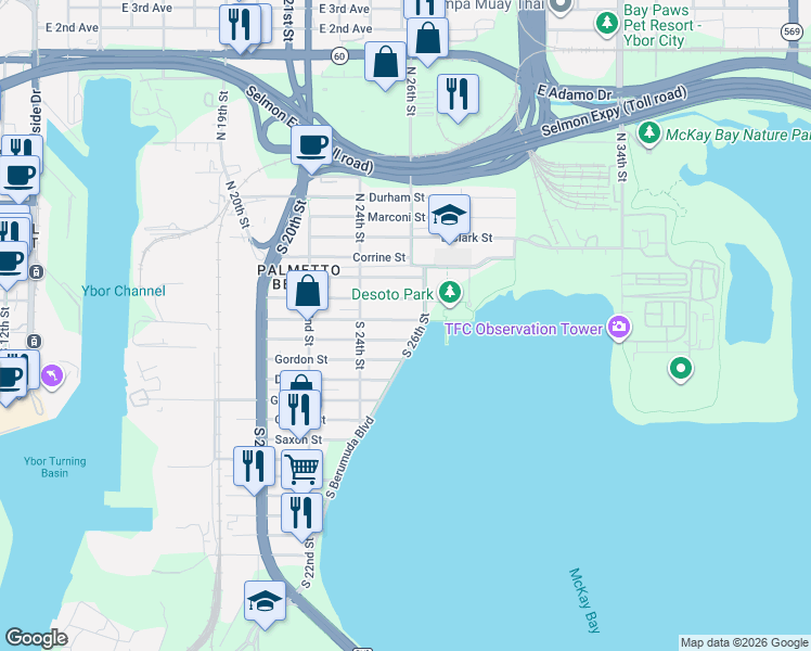 map of restaurants, bars, coffee shops, grocery stores, and more near 2424 Linsey Street in Tampa